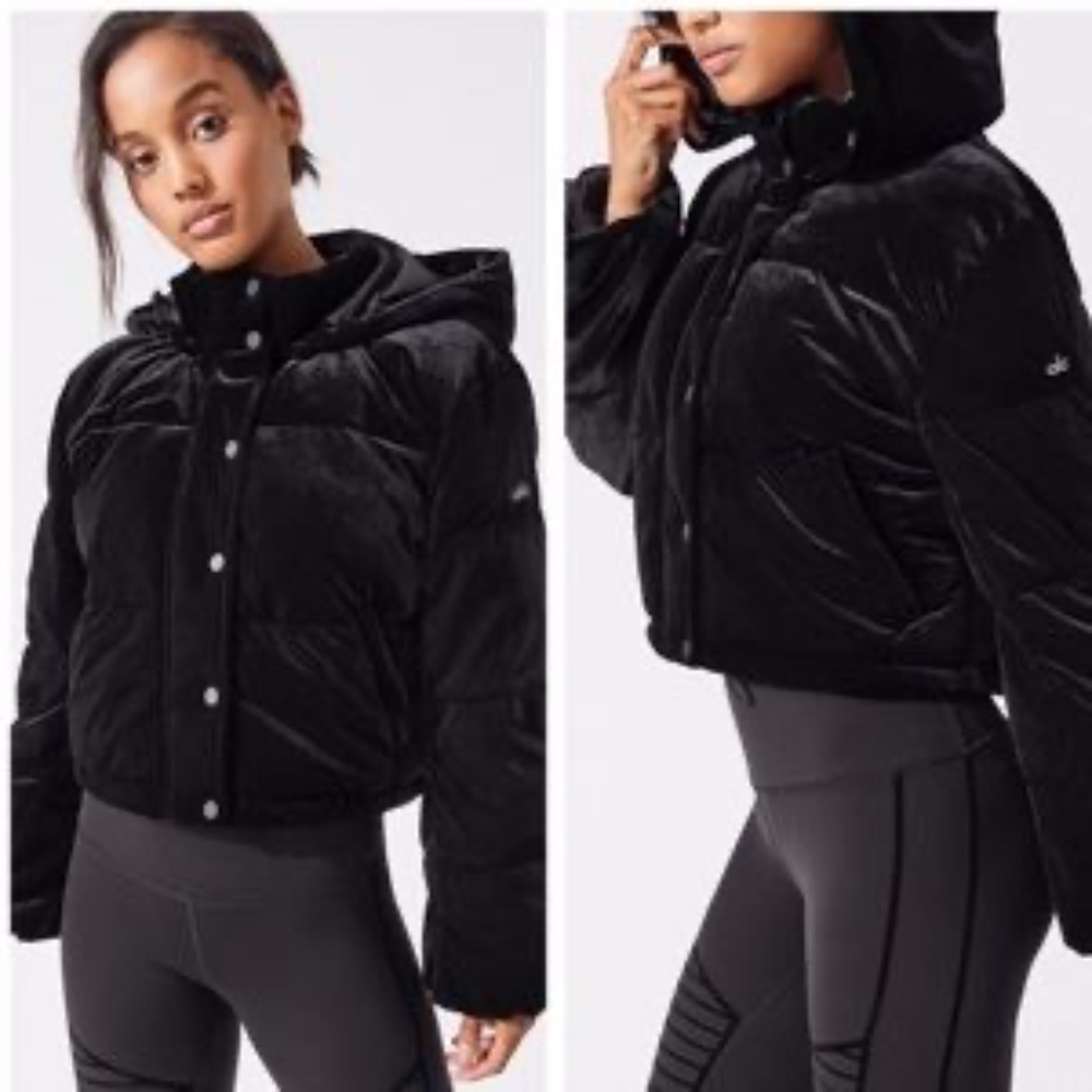 ALO Black Velvet Cropped Puffer Jacket L